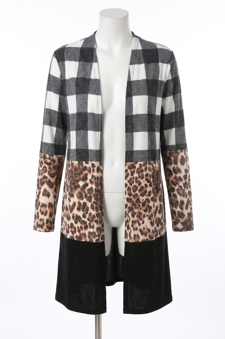 NEW HAPTICS brushed hacci plaid leopard color block cardigan in black